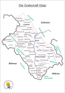 Eine selbst erstellte Karte der Grafschaft Glatz (Stand 1931) mit Kreisgrenzen, größeren Orten, Gebirgszügen und Flüssen.