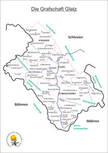 Landkarte der Grafschaft Glatz (Stand: 1931) mit Informationen zu den Grenzen der Kreise Glatz, Habelschwerdt und Neurode. Zu sehen sind auch die größerem Orte, Flüsse und die Gebirgszüge, die die Grafschaft umschließen.
