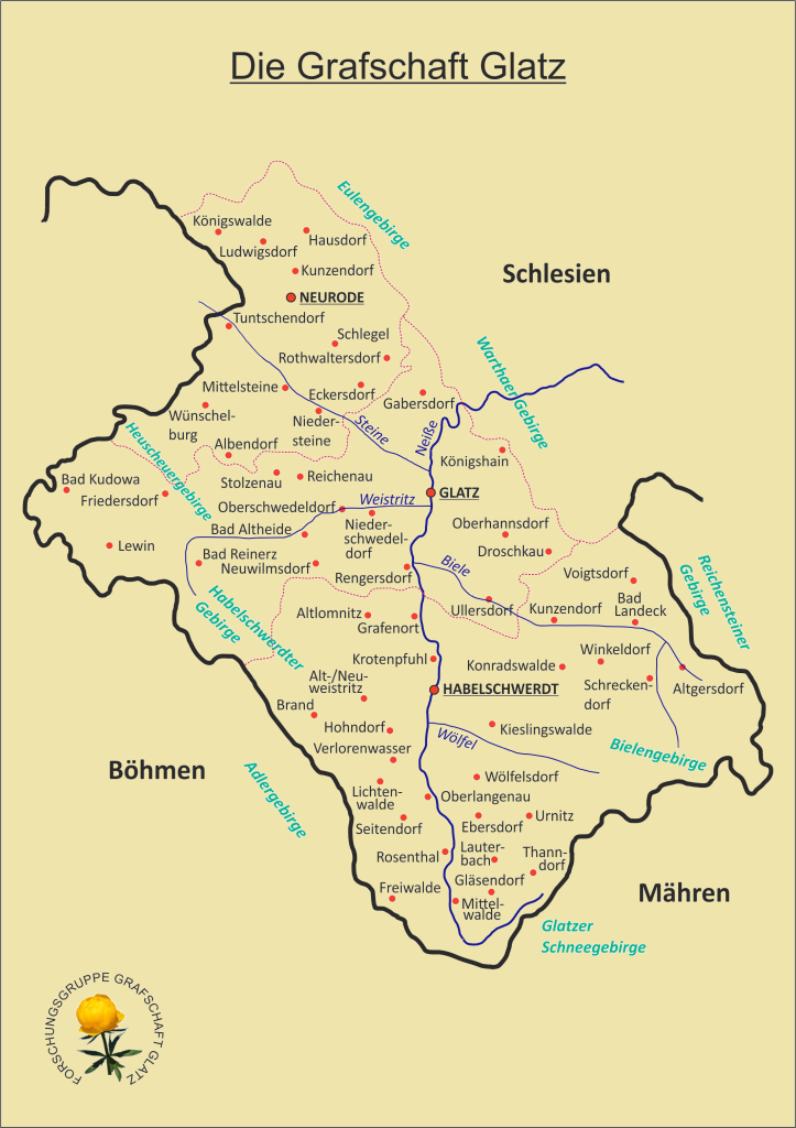 Landkarte der Grafschaft Glatz (Stand: 1931) mit Informationen zu den Grenzen der Kreise Glatz, Habelschwerdt und Neurode. Zu sehen sind auch die größerem Orte, Flüsse und die Gebirgszüge, die die Grafschaft umschließen.