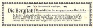 Werbung für die monatlich erscheinende Zeitschrift "Die Bergstadt", 1916