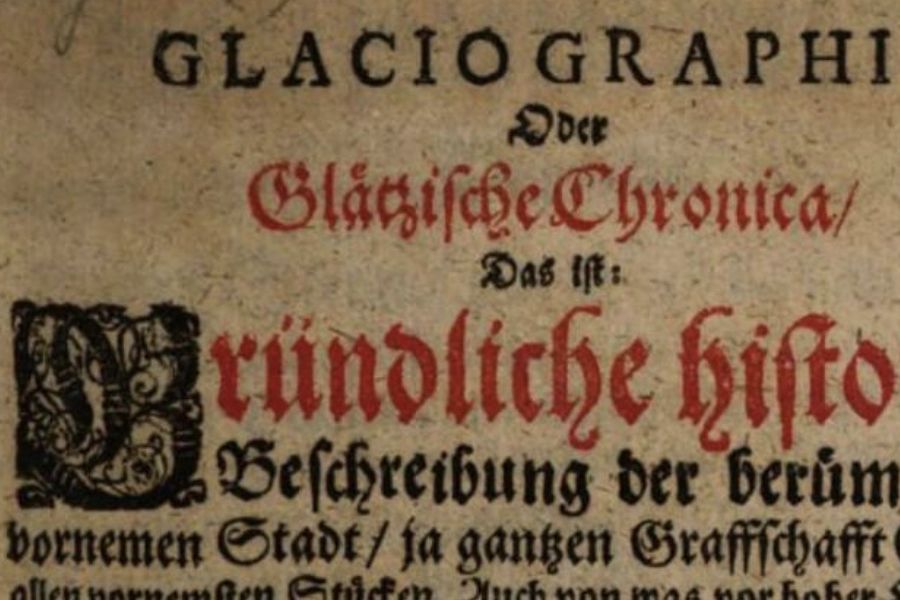Ausschnitt des Titels der Glaciographia oder Glätzische Chronica des Georgius Aelurius (1596 - 1627)