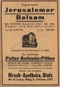 Hier handelt es sich um eine Werbeanzeige der Hirsch-Apotheke in Glatz von 1933