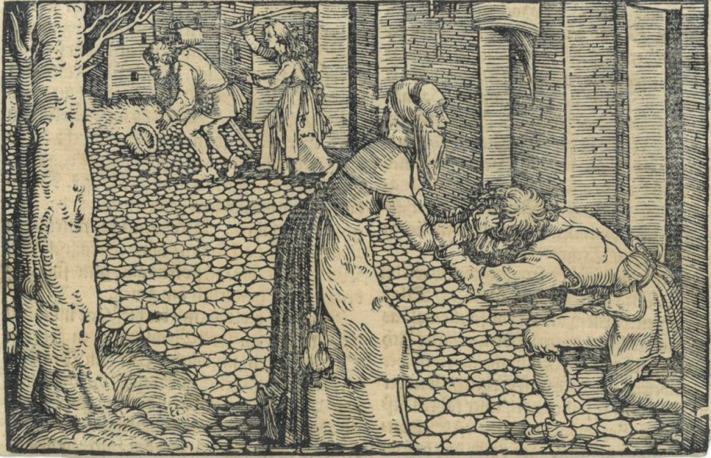 Illustration aus dem Trostspiegel, um 1600, zwei zänkische Weiber misshandeln ihre Ehemänner.
