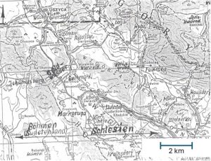 Dies ist ein Kartenausschnitt zwischen der Grafschaft Glatz und dem Braunauer Ländchen