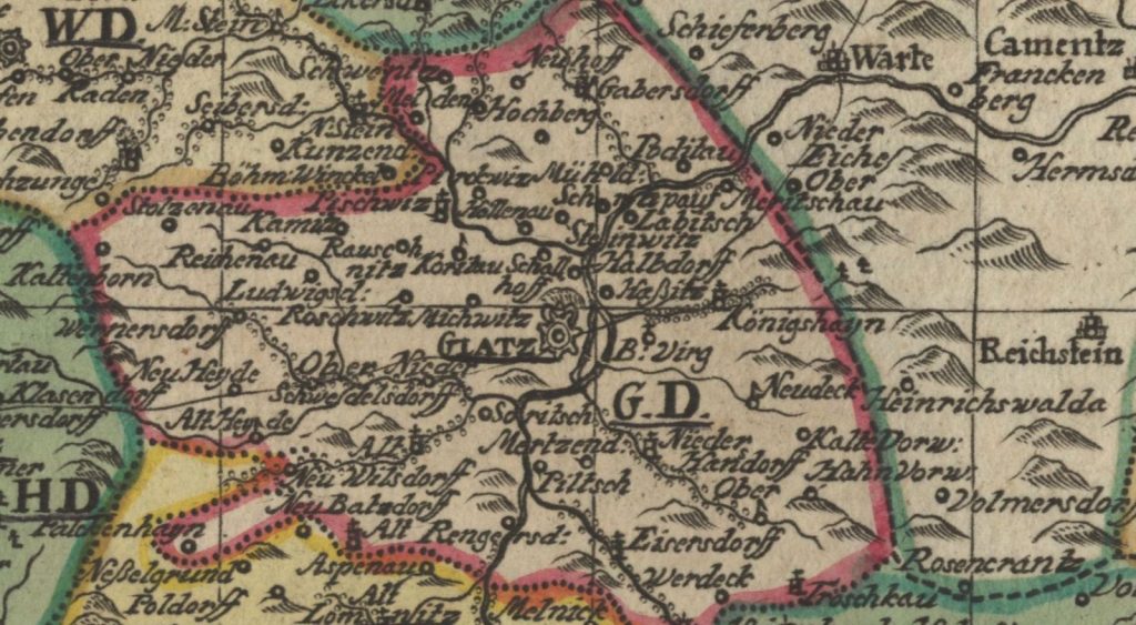 Kartenausschnitt der Karte der Grafschaft Glatz von Johann George Schreiber (1676-1750)