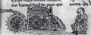 Das Foto zeigt eine Mittelalterliche Darstellung einer Wassermühle https://de.wikipedia.org/wiki/Wasserm%C3%BChle#/media/Datei:Medieval_mill_with_overshot_wheel.png