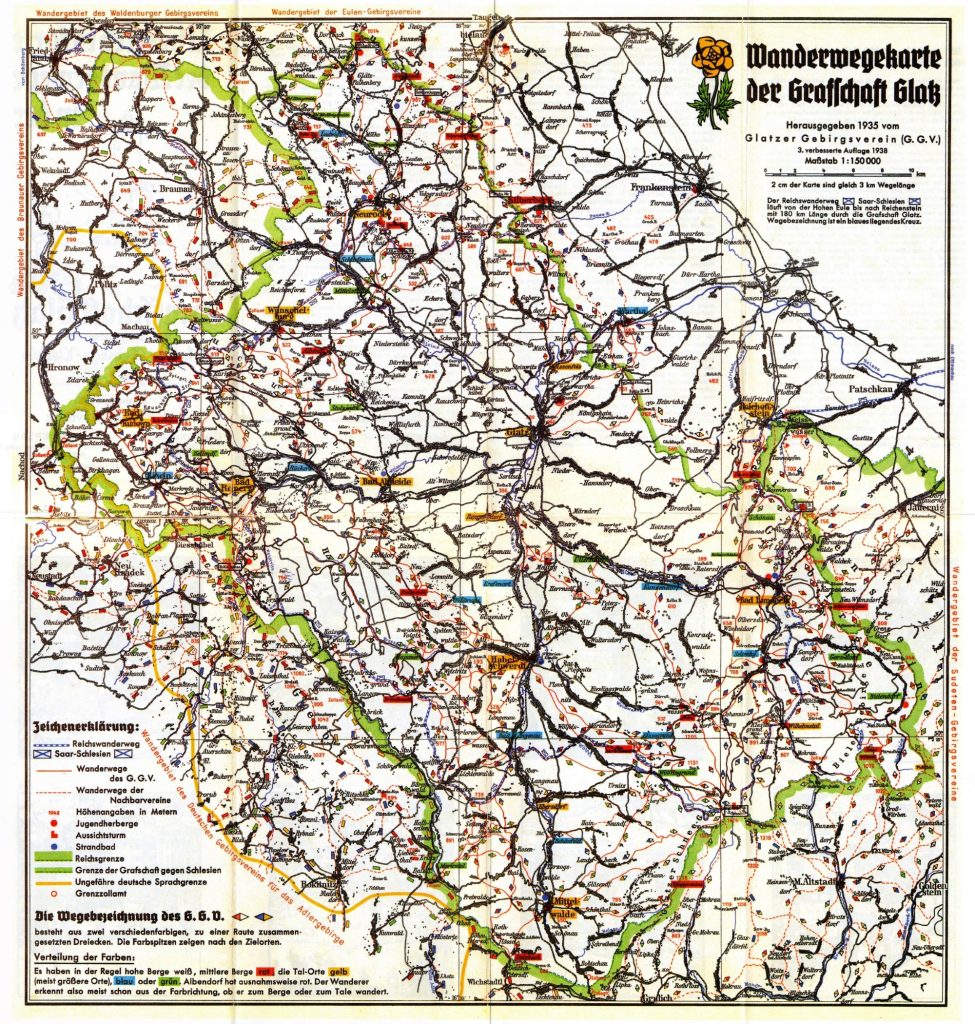 Wanderwegekarte Grafschaft Glatz, herausgegeben vom Glatzer Gebirgsverein siehe http://www.grafschaft-glatz.de/