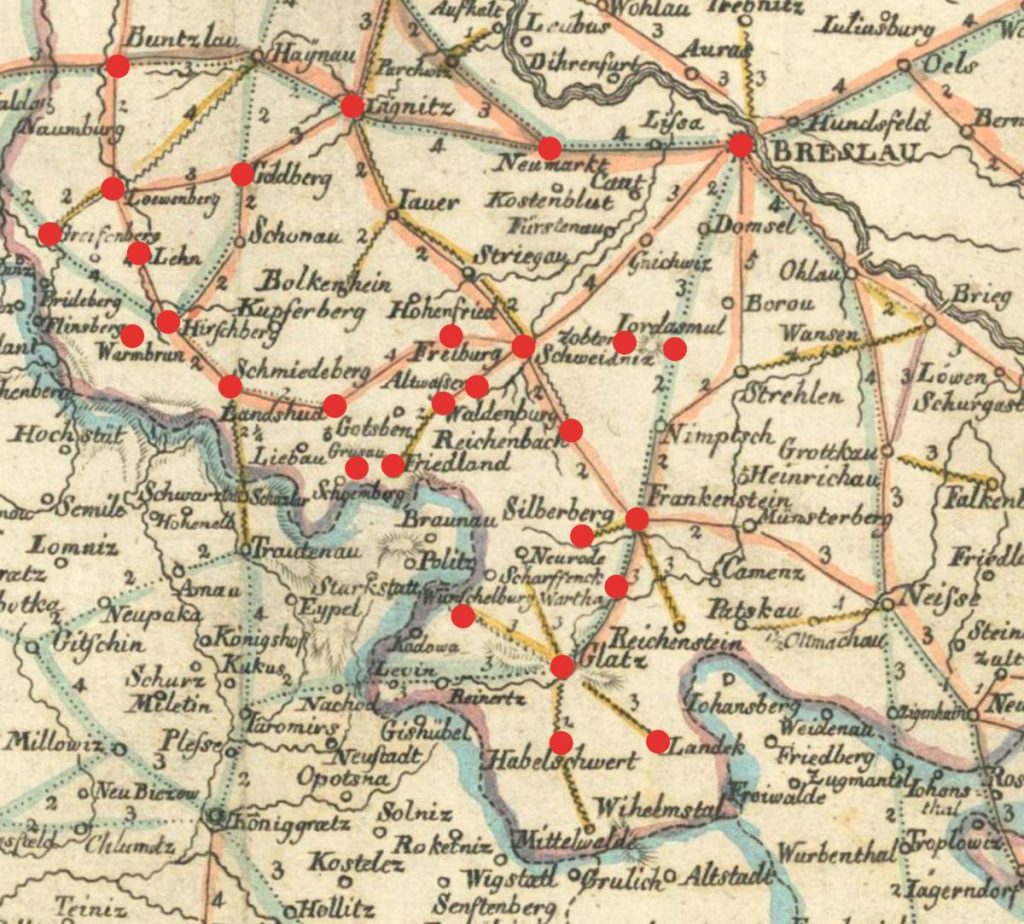 Kartenausschnitt mit den Routen von Postkutschen, reitenden Boten und Fußboten um 1800