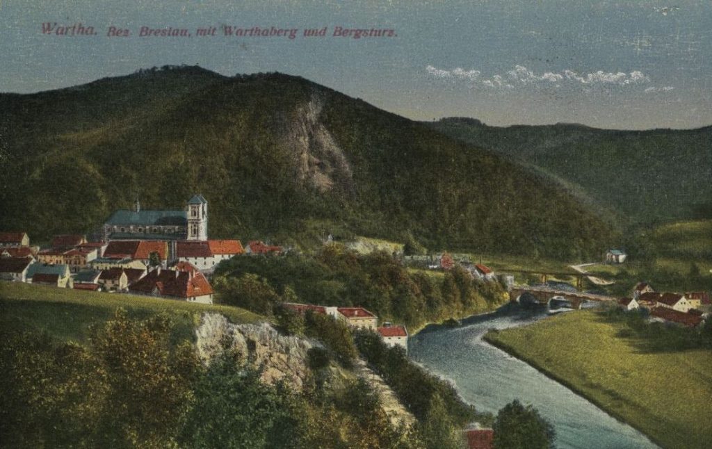 Postkarte von Wartha, Bezirk Breslau, mit Warthaberg und Bergsturz