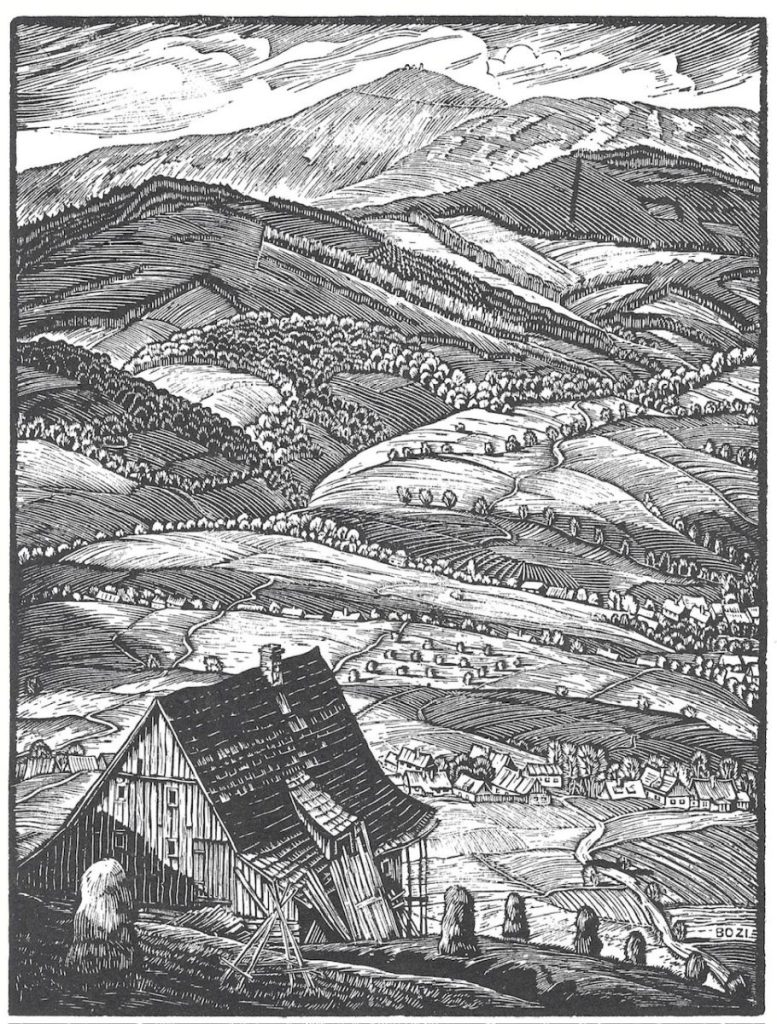 Riesengebirge mit Schneekoppe, Holzschnitt von Bodo Zimmermann (1902 - 1945), Illustrator, Maler und Holzschneider