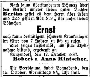 Todesanzeige Ernst Kintscher 1887
