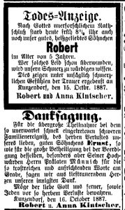 Todesanzeige Robert Kintscher 1887