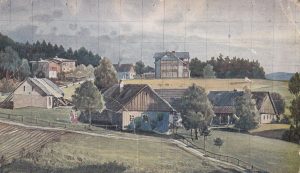 Im hinteren Teil sieht man das Missionshaus. Im Haus auf der rechten Seite wohnte die Familie Kollatschny.