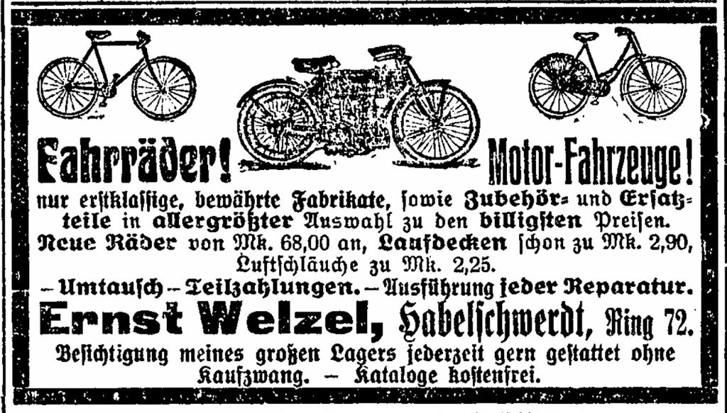 Anzeige für Fahrräder von Ernst Welzel 1906