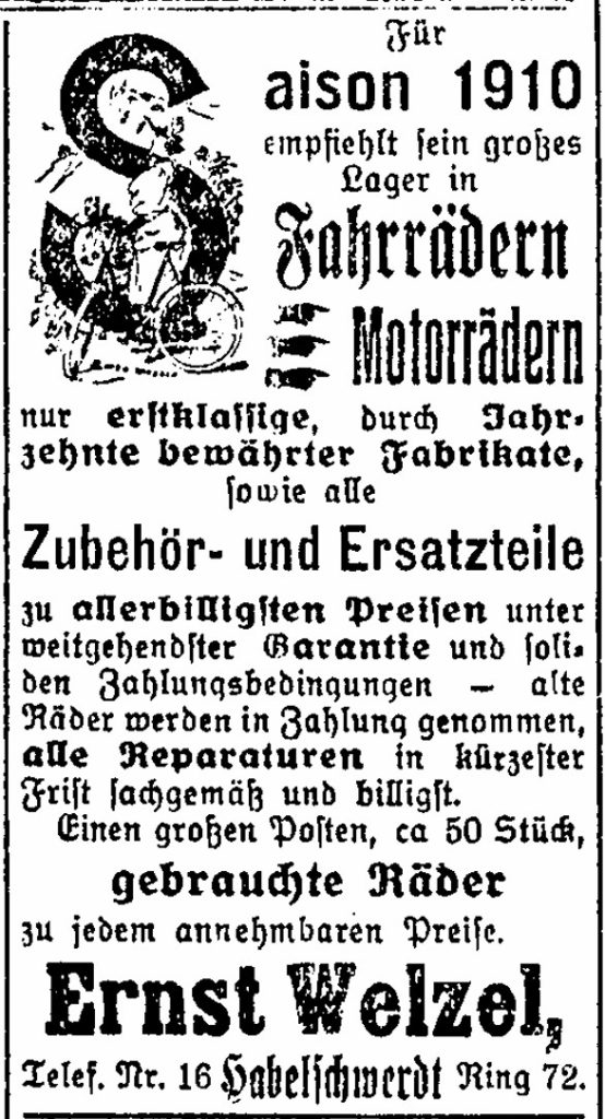 Anzeige für Fahrräder und Motorräder 1910