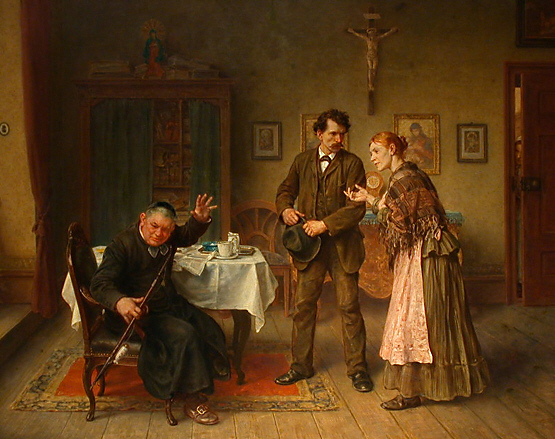 Das Foto zeigt den "Besuch beim Dorfpfarrer, Gemälde von Ludwig Knaus, 1905" https://commons.wikimedia.org/wiki/File:Ludwig_Knaus_Besuch_beim_Dorfpfarrer.jpg