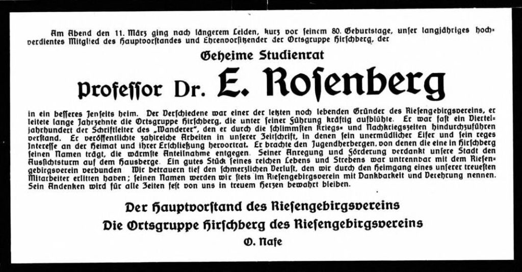 Nachruf für Emil Rosenberg 1929