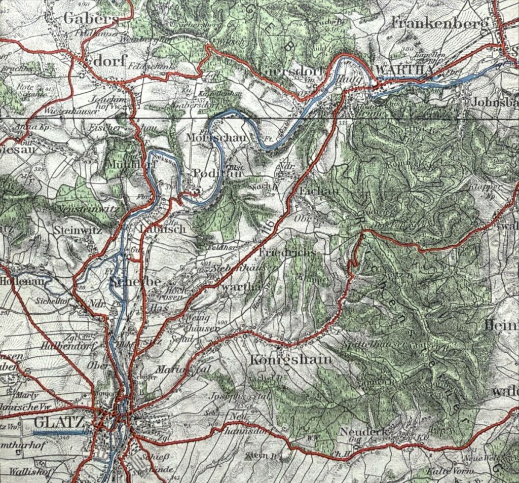 Karte der Eisenbahnstrecke von Wartha nach Glatz