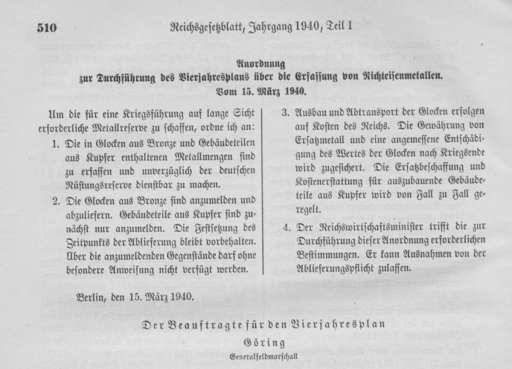 Reichsgesetzblatt - Glocken für Rüstungsreserve