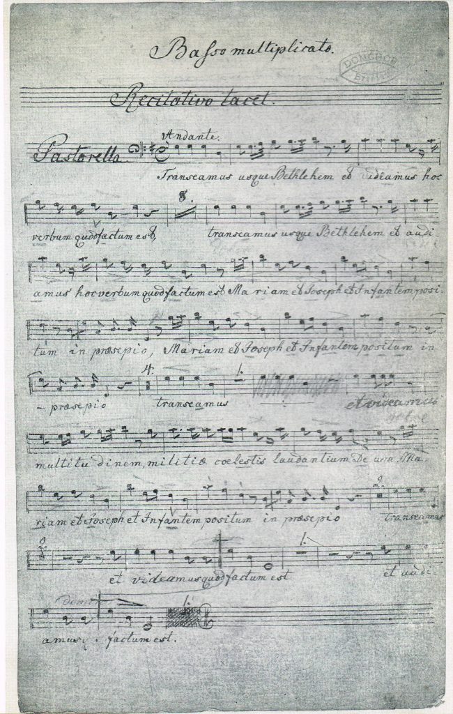 Auf dem Foto sieht man von Transeamus die Handschriftliche Bassstimme von Joseph Ignaz Schnabel aus dem Breslauer Dom. https://de.wikipedia.org/wiki/Transeamus_usque_Bethlehem#/media/Datei:Transeamus_Basso.jpg