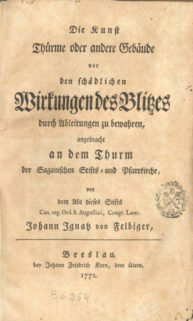 Veröffentlichung über Blitzableiter 1771