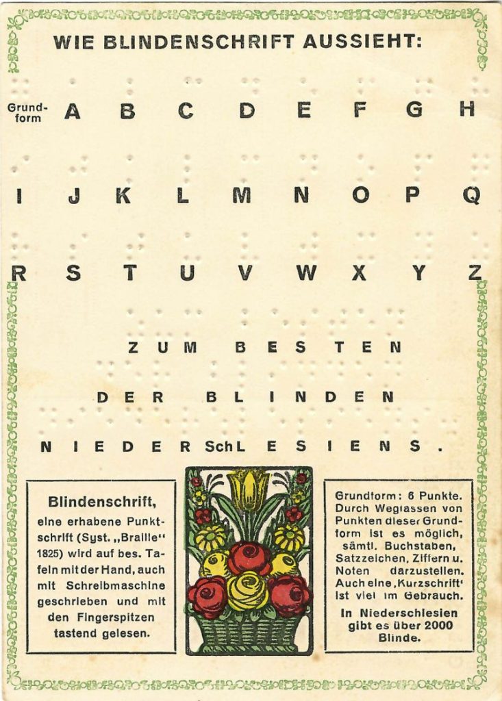 Ansichtskarte mit ertastbaren Braille-Alphabet von ungefähr 1915