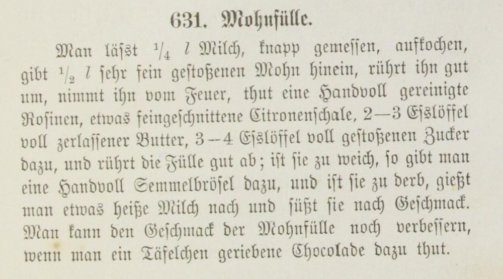 Rezept für Mohnfülle von 1900 mit Zitronenschale, Semmelbrösel und Schokolade